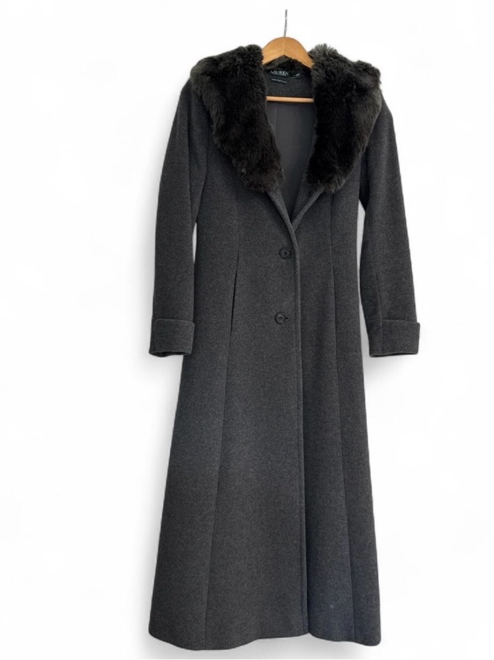 Ralph Lauren Charcoal Gray Coat with Dark Faux Fur Collar